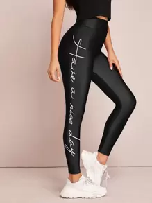 Mulvari Wide Band Waist Slogan Graphic Leggings - Black - View 1