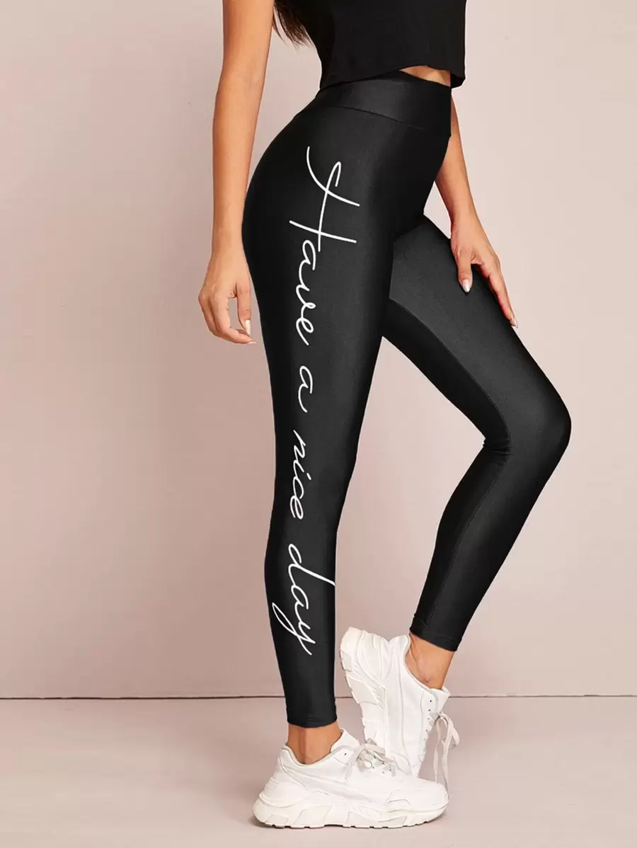 Mulvari Wide Band Waist Slogan Graphic Leggings - Black - View 1
