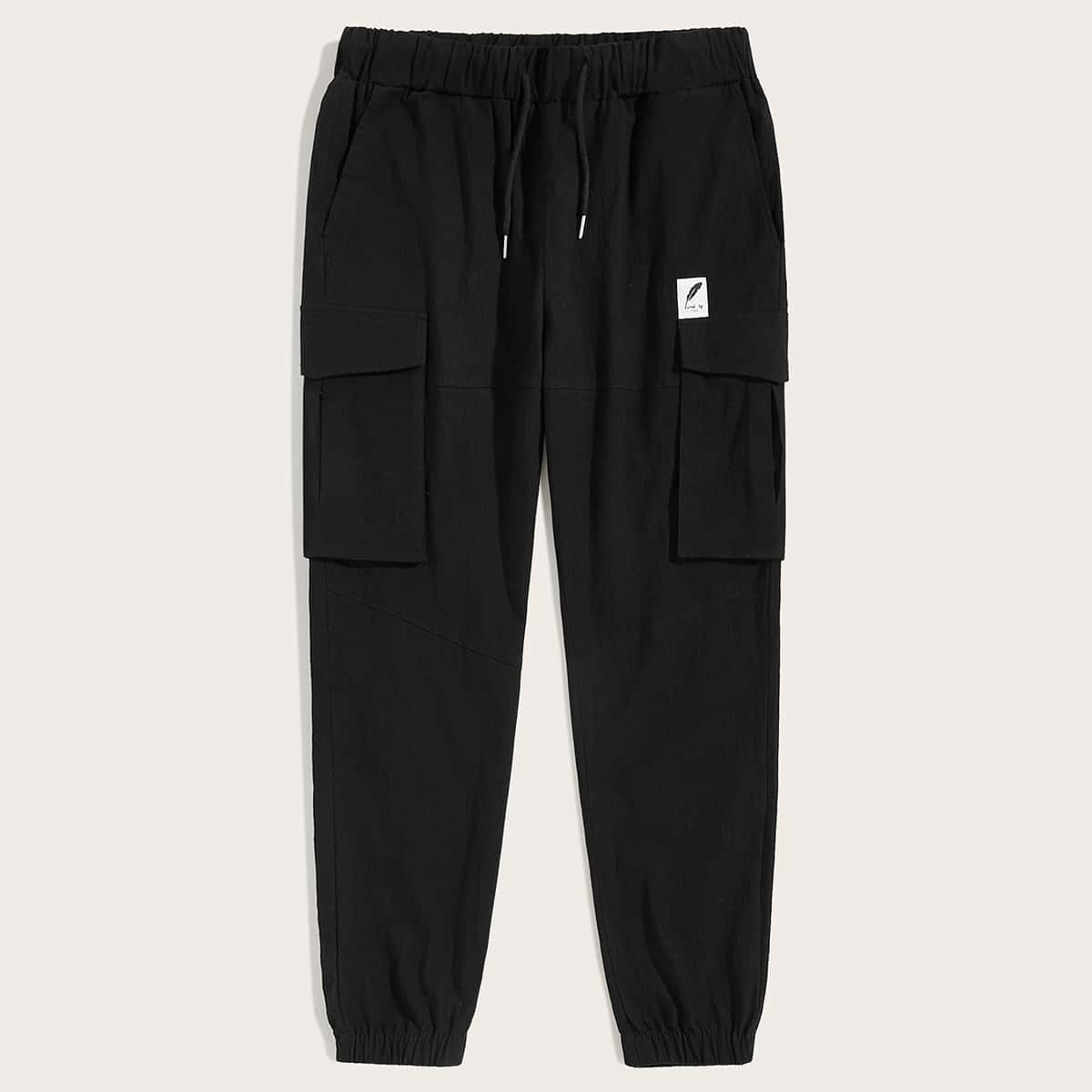 

Guys Patched Detail Drawstring Waist Cargo Pants, Black