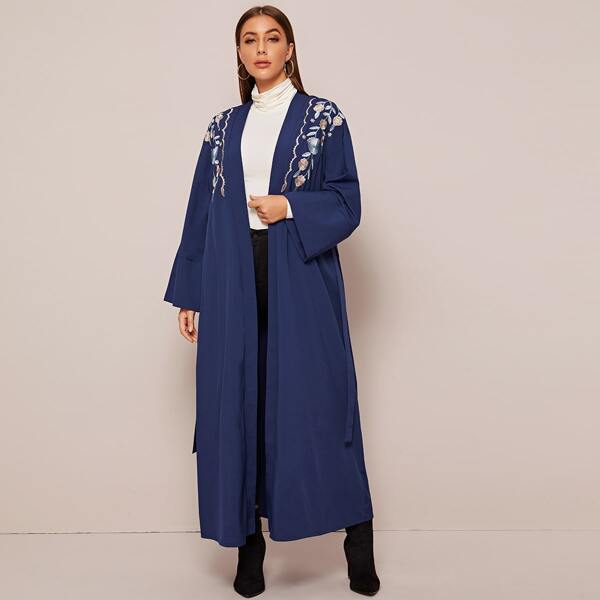 

Floral Embroidered Belted Abaya, Navy blue
