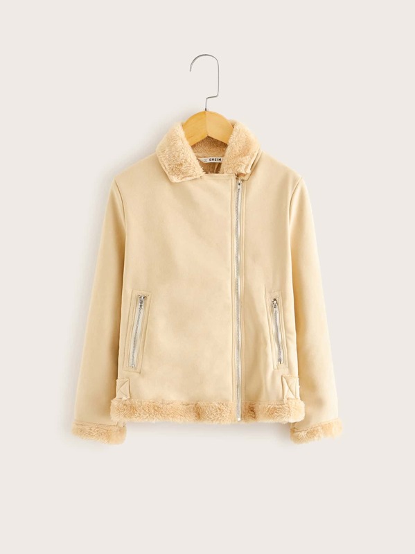 

Girls Asymmetric Zip Placket Faux Shearling Jacket, Beige