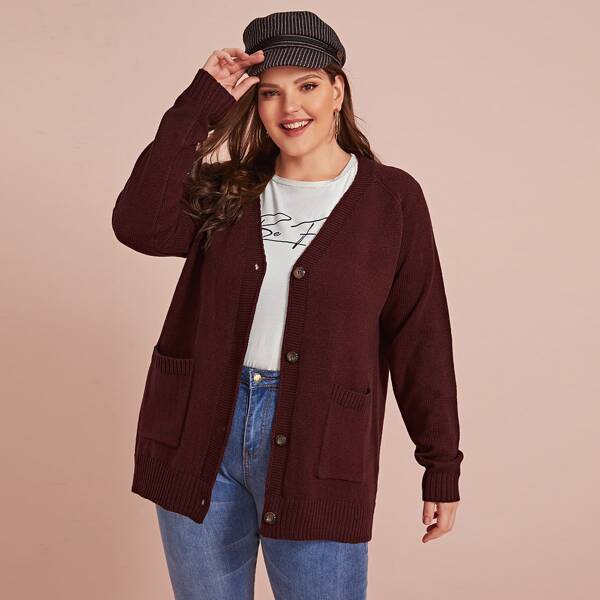 

Plus Single Breasted Patch Pocket Cardigan, Burgundy