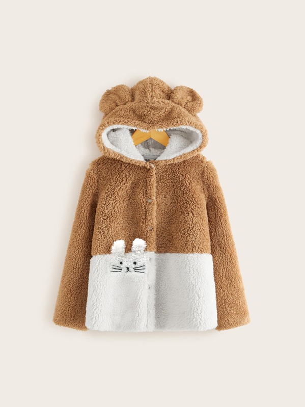 

Girls Two Tone Embroidery Detail Teddy Coat With Ears, Multicolor
