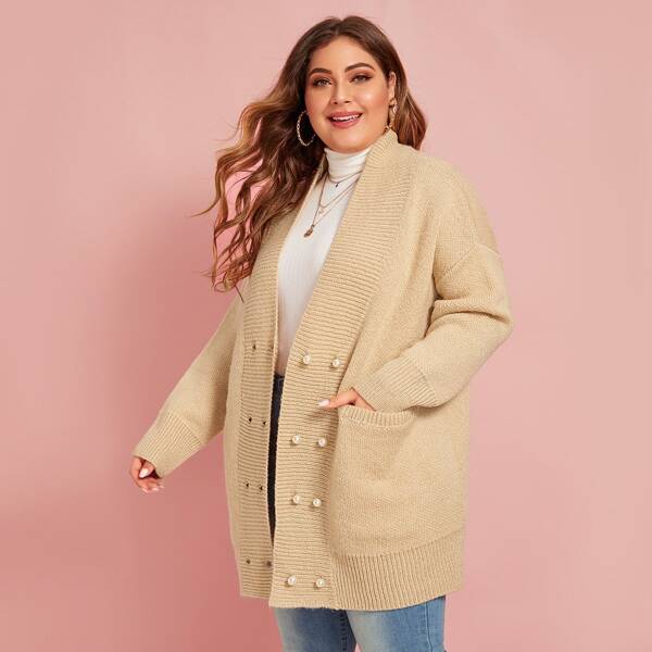 

Plus Solid Pearls Detail Drop Shoulder Pocket Cardigan, Beige pastel