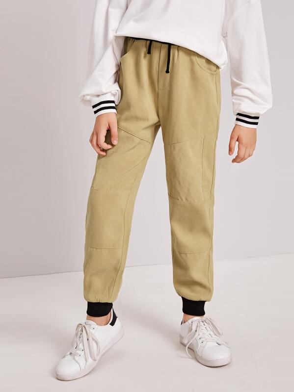 

Boys Contrast Ribbed Trim Suede Pants, Khaki, Bogdan