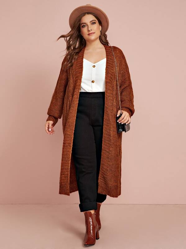 

Plus Open Front Cable Knit Cardigan, Brown, Franziska