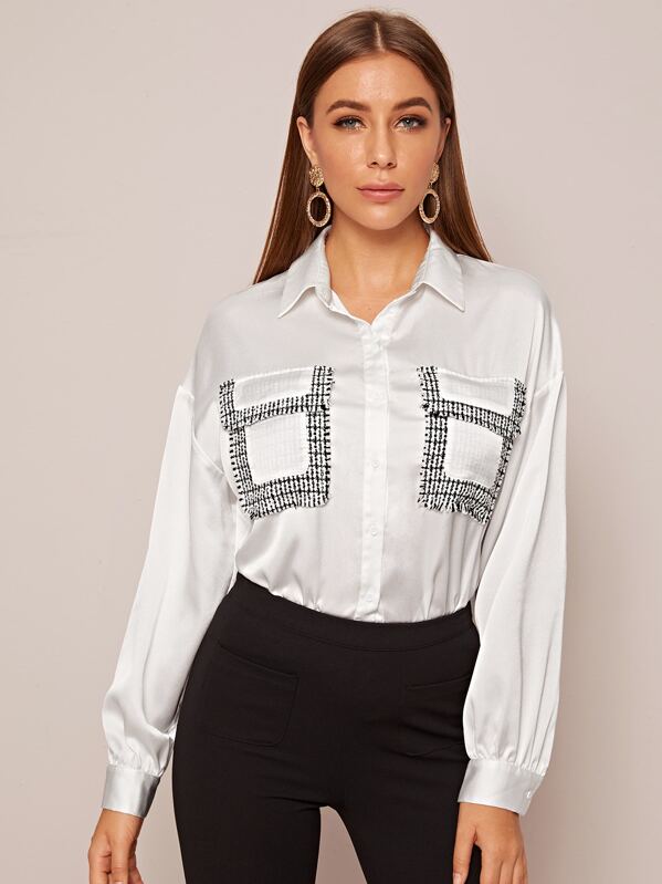 

Contrast Tweed Flap Pocket Blouse, White, Hanna