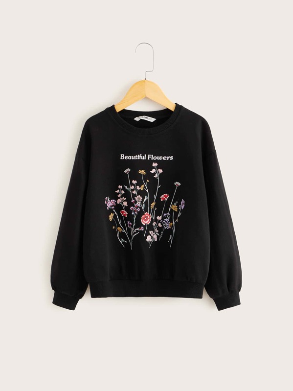 

Girls Floral Print Pullover, Black