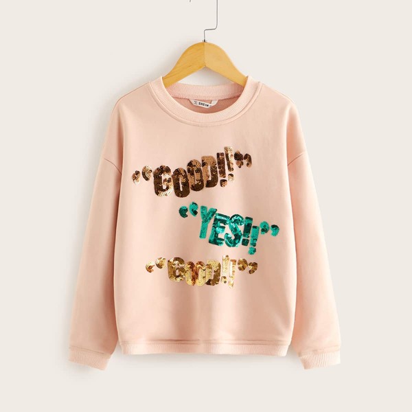 

Girls Sequin Slogan Graphic Pullover, Pink pastel