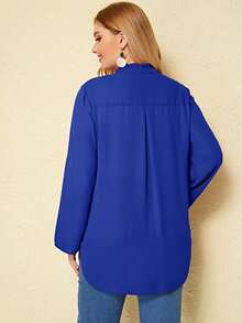 SHEIN Unity Plus Jabot Collar Roll Tab Sleeve High-low Hem Blouse - Royal Blue - View 2