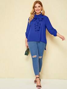 SHEIN Unity Plus Jabot Collar Roll Tab Sleeve High-low Hem Blouse - Royal Blue - View 4