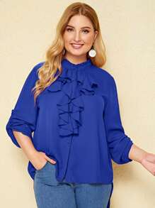 SHEIN Unity Plus Jabot Collar Roll Tab Sleeve High-low Hem Blouse - Royal Blue - View 1