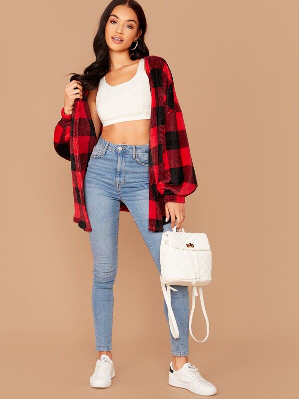 

Open Front Lantern Sleeve Plaid Coat, Red, Juliette