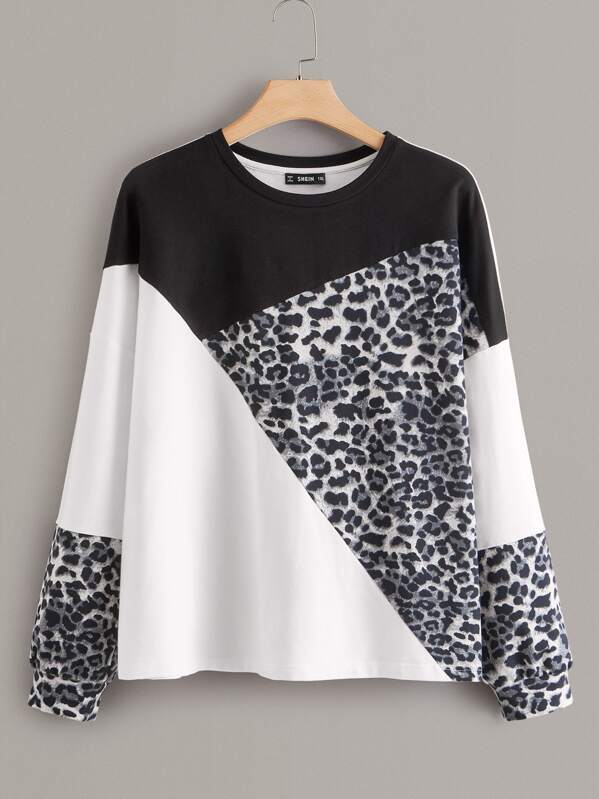 

Plus Cut-and-sew Leopard Sweatshirt, Black and white