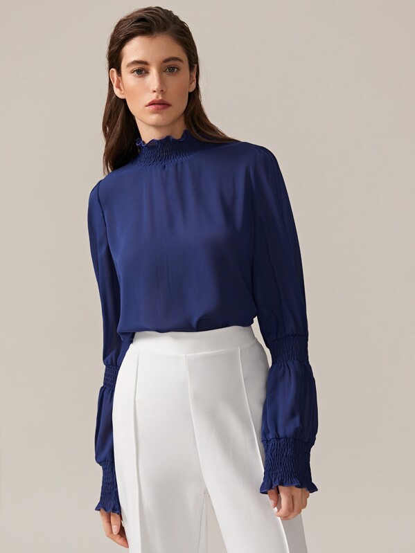 

Premium Frill Trim Shirred Detail Top, Navy, Mila