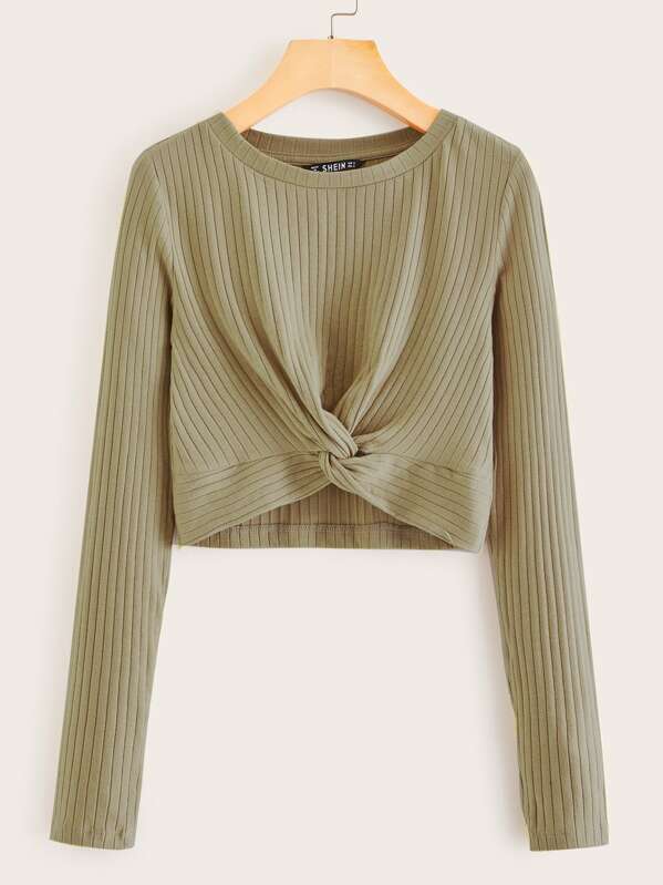 

Twist Hem Rib-knit Top, Beige
