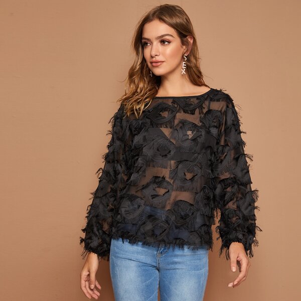 

Fuzzy Trim Sheer Top Without Bra, Black