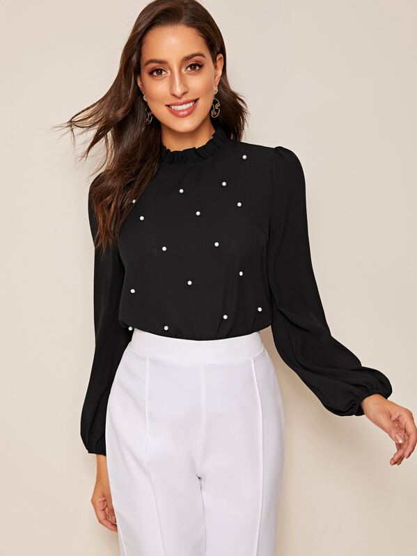 

Frilled Neck Pearl Beaded Blouse, Black, Mary P.