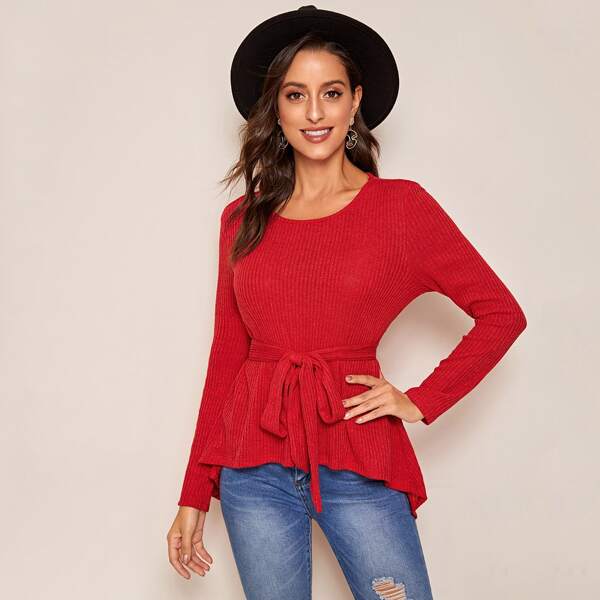 

High Low Rib-knit Belted Tee, Red bright