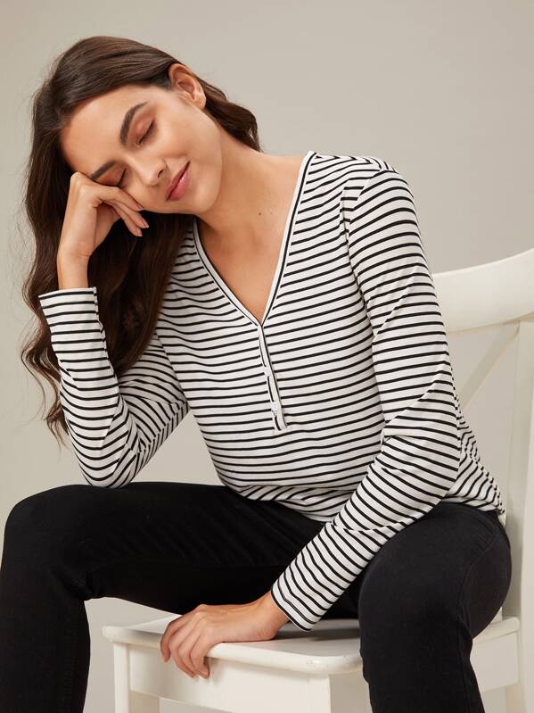 

Button Front Striped Print Tee, Black and white, Lera