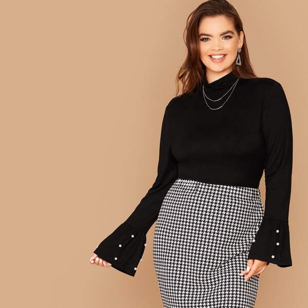 

Plus Cowl Neck Pearls Beaded Ruffle Cuff Tee, Black