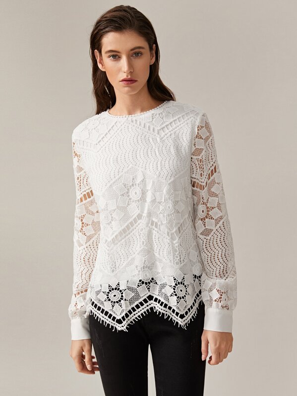 

Solid Asymmetrical Hem Lace Top, White, Mila