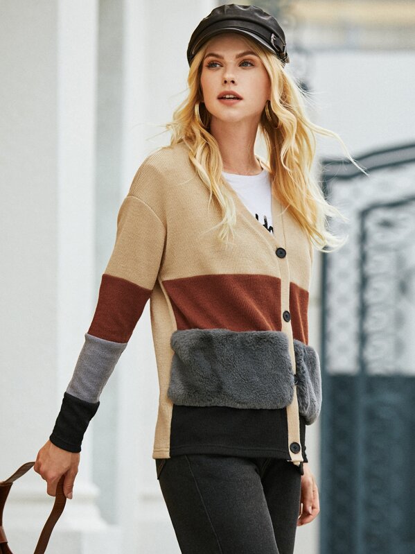 

Contrast Faux Fur Detail Colorblock Button Up Coat, Multicolor, Denisa