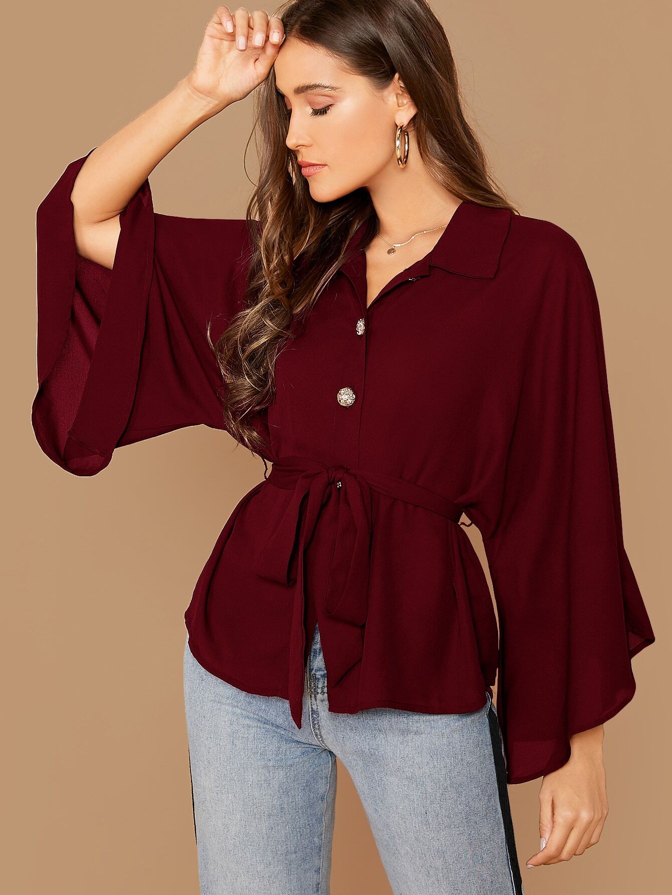 SHEIN Gold Button Kimono Sleeve Belted 