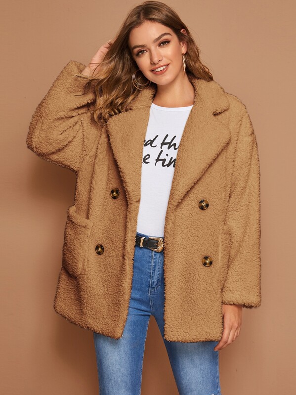 

Notched Collar Double Breasted Pocket Front Teddy Coat, Camel, Luiza