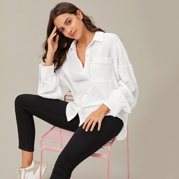

Drop Shoulder Curved Hem Textured Blouse, White