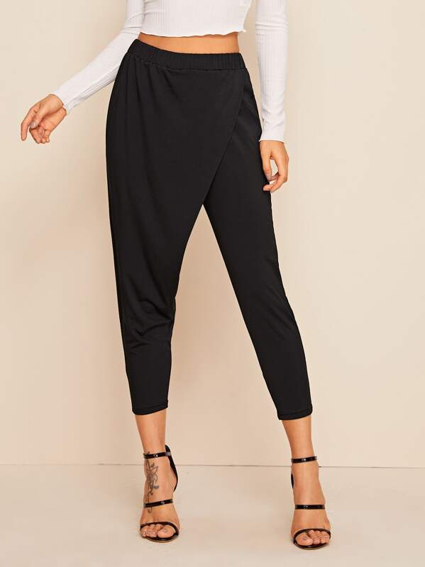 

Solid Wrap Front Pants, Black, ZulcarD