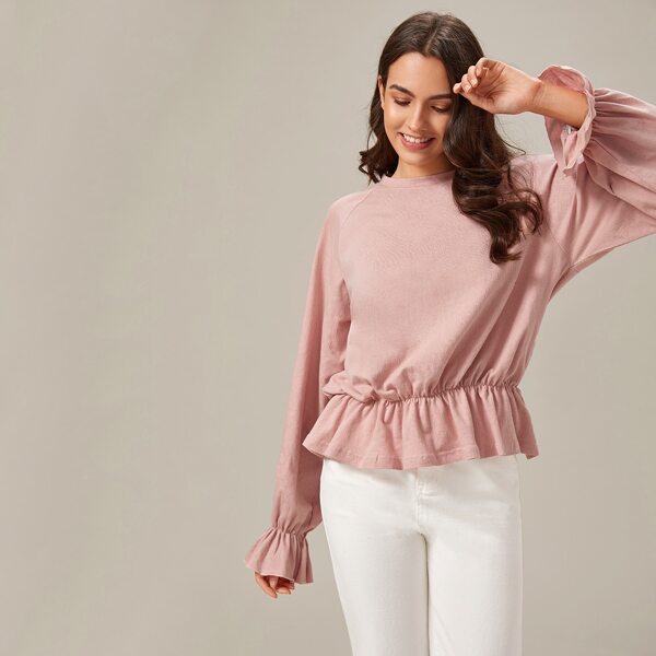 

Solid Raglan Sleeve Peplum Top, Pink pastel