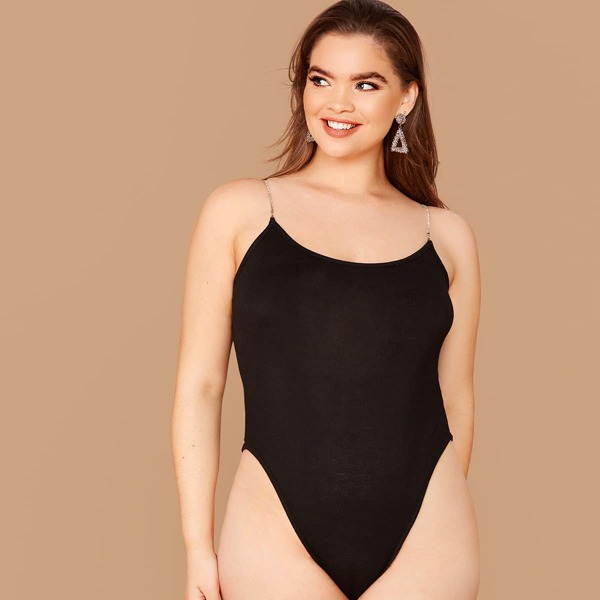 

Plus Rhinestone Strap Solid Bodysuit, Black