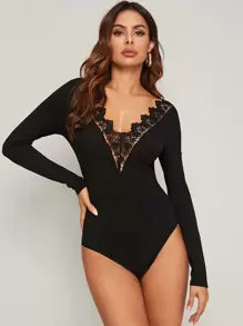 SHEIN Guipure Lace Trim Solid Bodysuit - Black - View 1