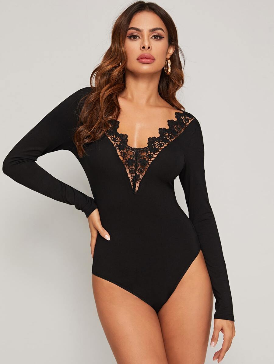 SHEIN Guipure Lace Trim Solid Bodysuit - Black - View 1