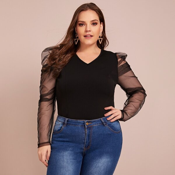 

Plus Mesh Gigot Sleeve Top, Black