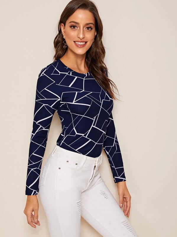 

Geo Print Long Sleeve Top, Navy, Mary P.