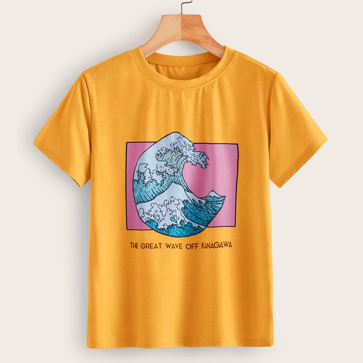 

Sea Wave & Letter Graphic Short Sleeve Tee, Yellow