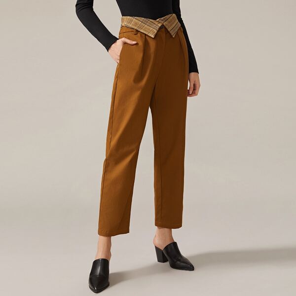 

Premium Foldover Plaid Waist Peg Pants, Brown