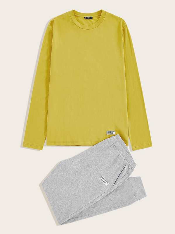 

Men Patched Detail Tee and Heather Grey Pants PJ Set, Multicolor