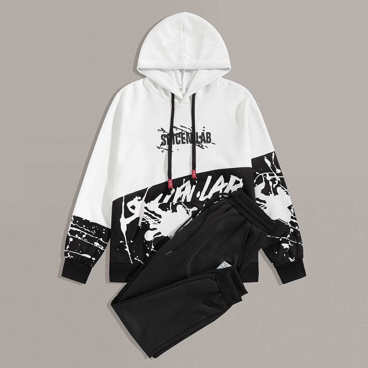 

Guys Letter Graphic Drawstring Tracksuit, Black and white
