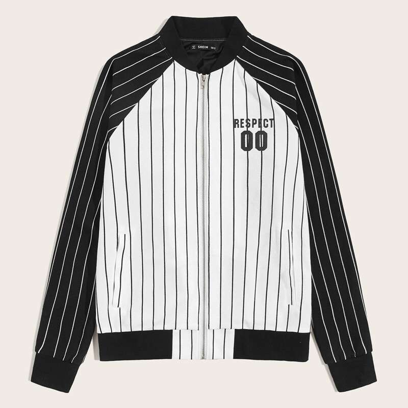 

Guys Striped and Letter Graphic Raglan Sleeve Bomber Jacket, Black and white