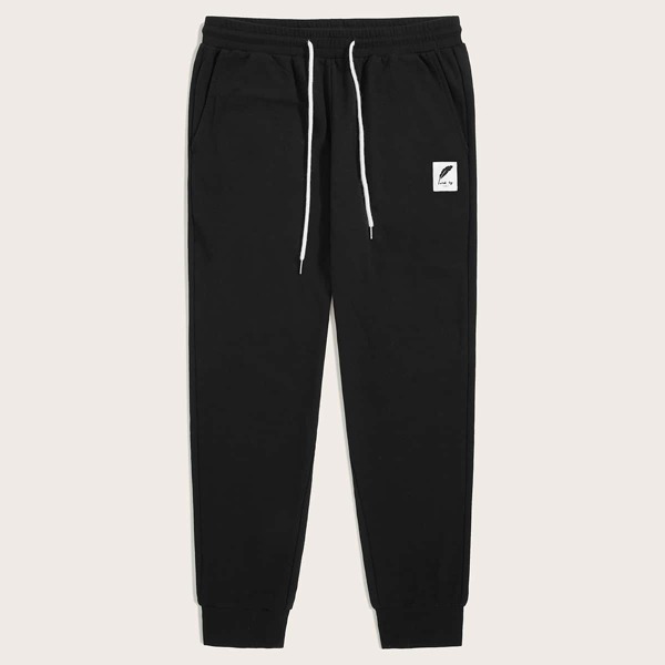 

Men Drawstring Waist Patched Detail Sweatpants, Black