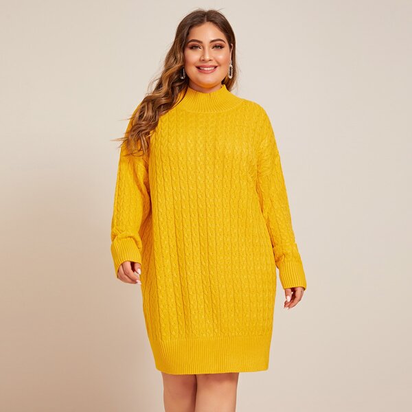 

Plus Drop Shoulder Cable Knit Sweater Dress Without Belt, Yellow bright
