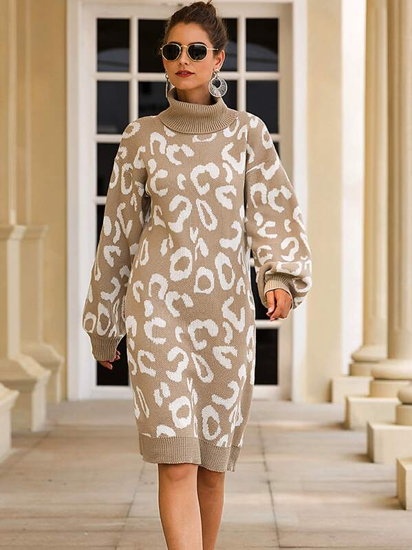 

Graphic Print Drop Shoulder Turtleneck Sweater Dress, Khaki
