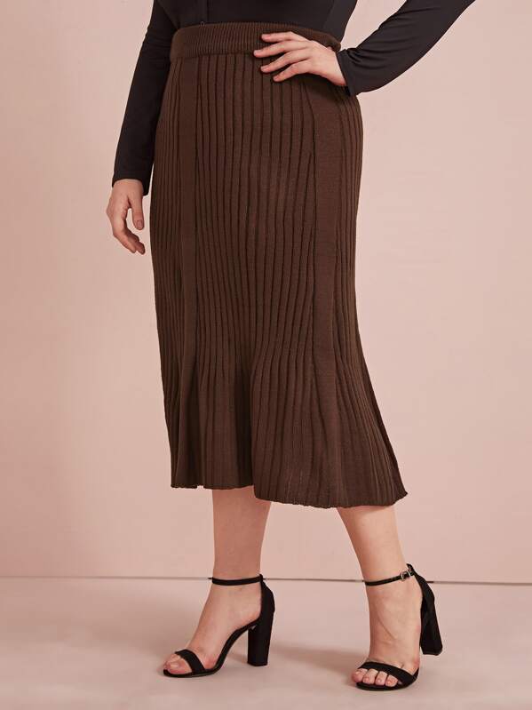 

Plus Rib-knit Solid Sweater Skirt, Brown, Ella