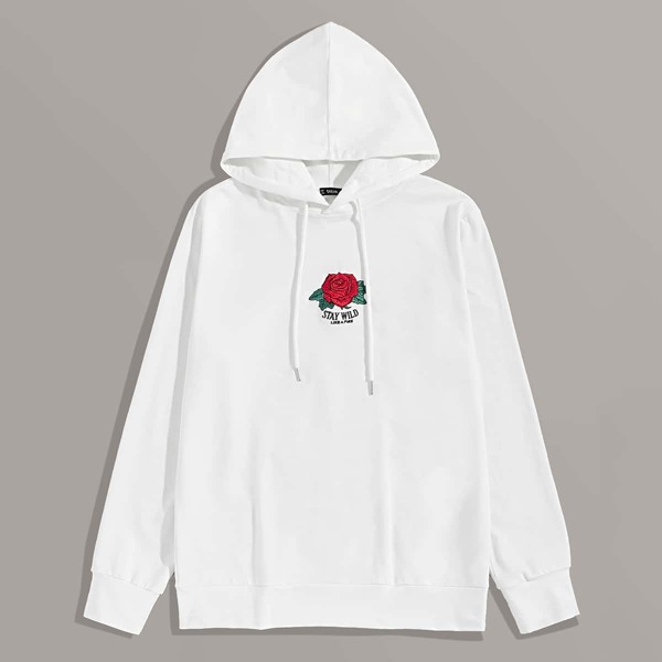 

Men Embroidered Rose and Slogan Drawstring Hoodie, White