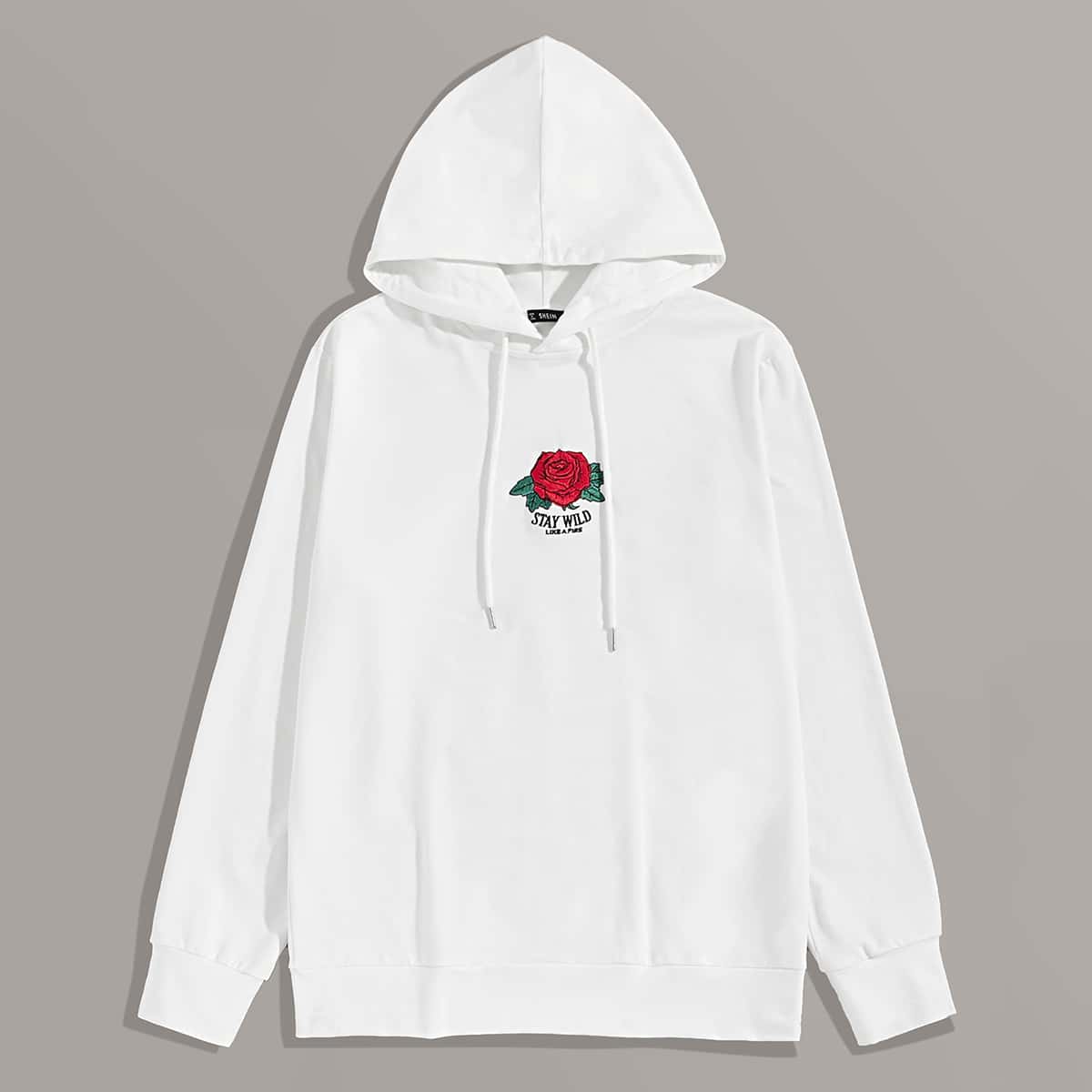 

Guys Embroidered Rose and Slogan Drawstring Hoodie, White