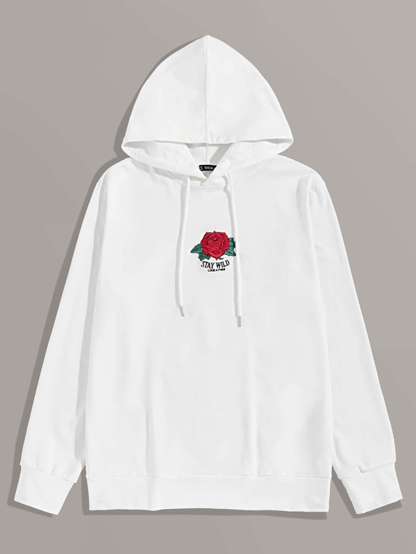 

Men Embroidered Rose and Slogan Drawstring Hoodie, White