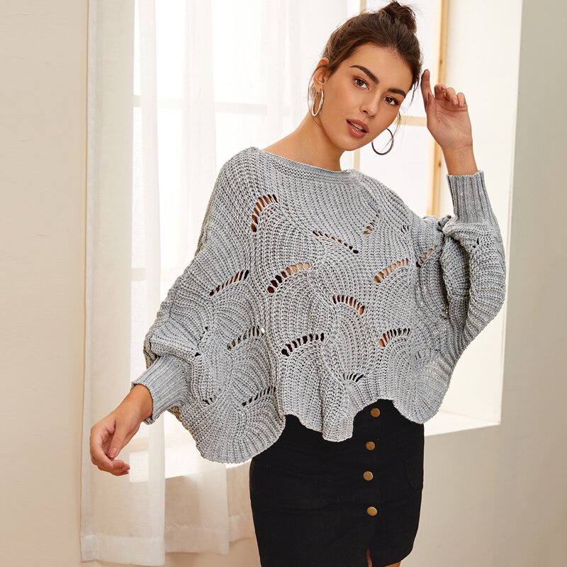

Hollow Out Scalloped Dolman Sweater, Grey